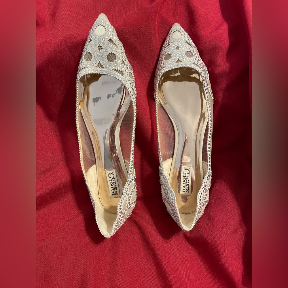 Badgley Mischka Gigi Pointed Flat Evening Shoe Mesh Crystal Bridal Wedding Ivory